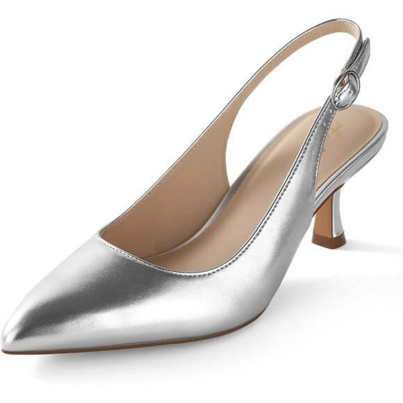 Women's Silver Pu Slingback Kitten Heels Closed Pointed Toe Pumps Dress Shoes